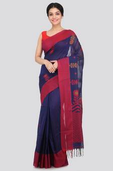 PinkLoom Women's blue hand woven cotton sarees With Blouse