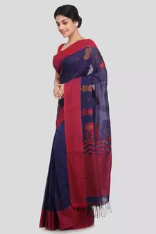 PinkLoom Women's blue hand woven cotton sarees With Blouse