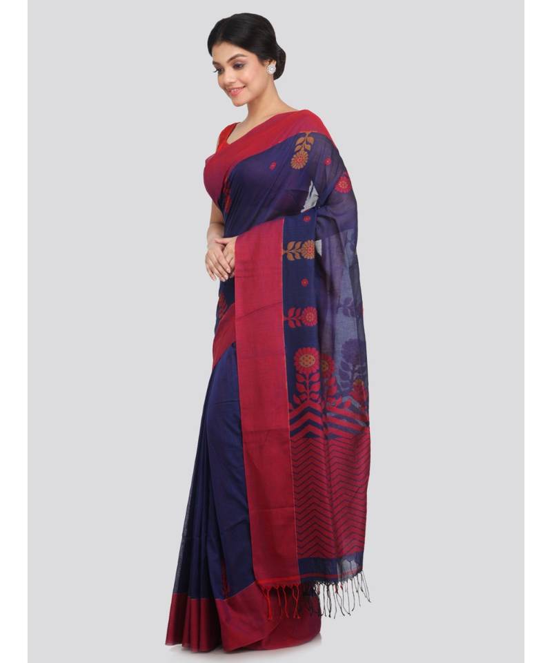 PinkLoom Women's blue hand woven cotton sarees With Blouse