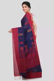PinkLoom Women's blue hand woven cotton sarees With Blouse