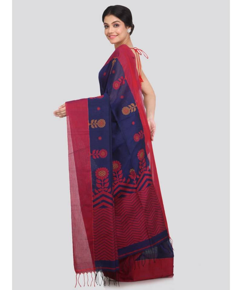 PinkLoom Women's blue hand woven cotton sarees With Blouse