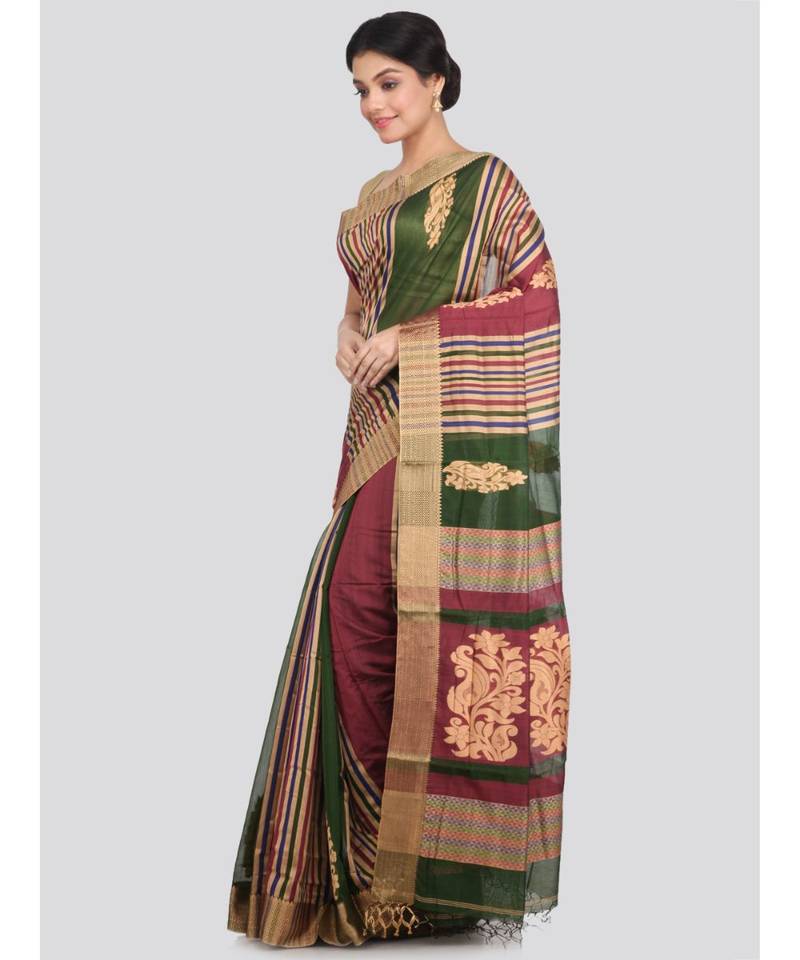 PinkLoom Women's multicolor hand woven cotton silk sarees With Blouse