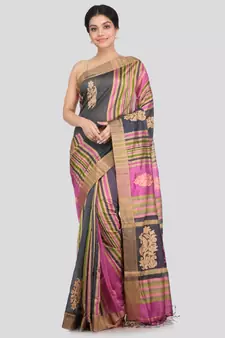 PinkLoom Women's multicolor hand woven cotton silk sarees With Blouse