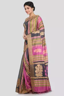 PinkLoom Women's multicolor hand woven cotton silk sarees With Blouse
