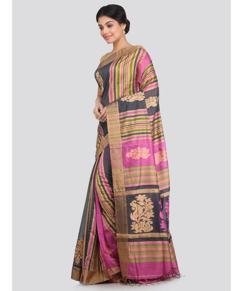 PinkLoom Women's multicolor hand woven cotton silk sarees With Blouse