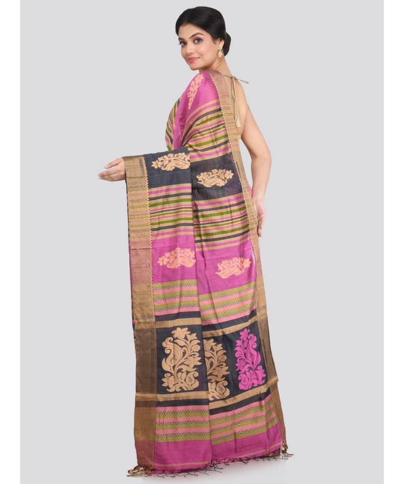 PinkLoom Women's multicolor hand woven cotton silk sarees With Blouse