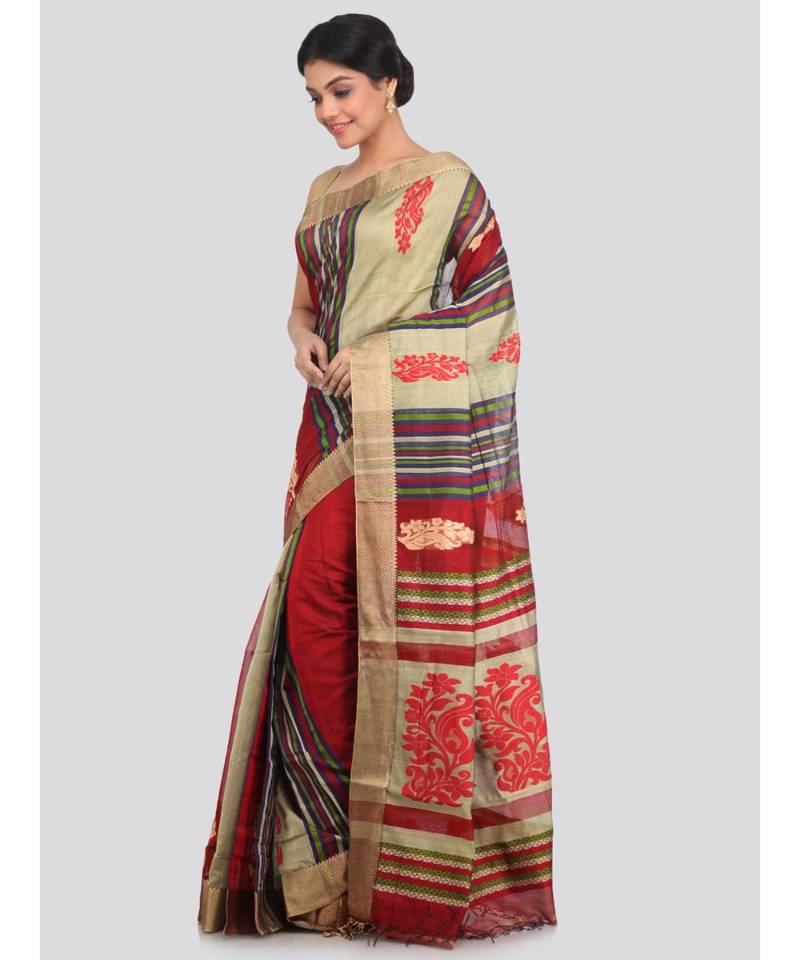 PinkLoom Women's multicolor hand woven cotton silk sarees With Blouse