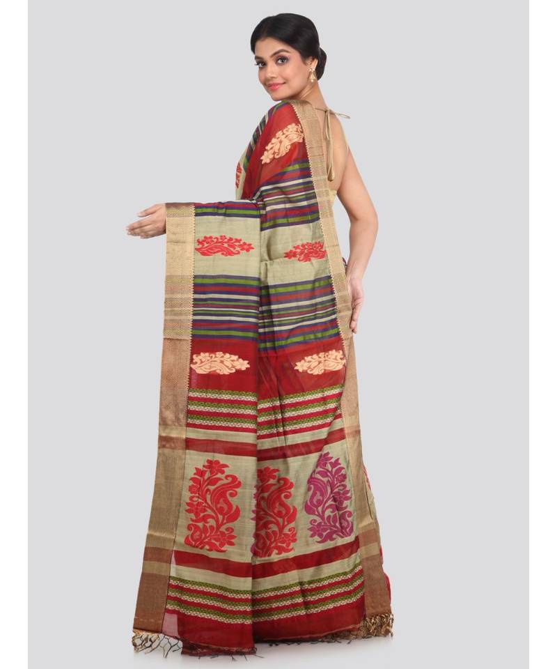 PinkLoom Women's multicolor hand woven cotton silk sarees With Blouse