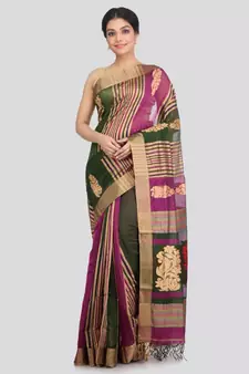 PinkLoom Women's multicolor hand woven cotton silk sarees With Blouse