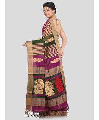 PinkLoom Women's multicolor hand woven cotton silk sarees With Blouse 3