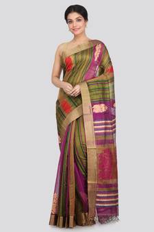PinkLoom Women's multicolor hand woven cotton silk sarees With Blouse