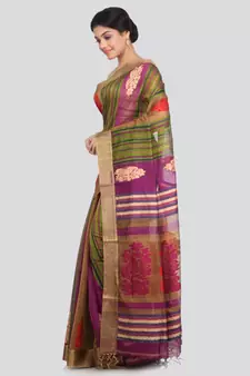 PinkLoom Women's multicolor hand woven cotton silk sarees With Blouse