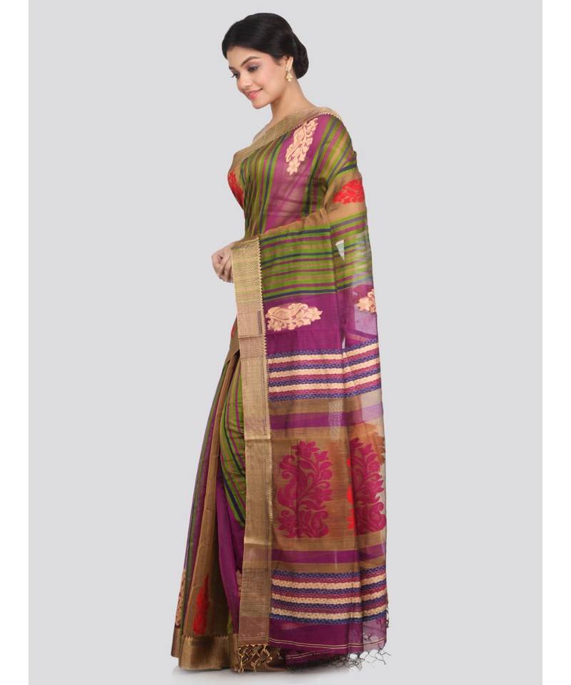 PinkLoom Women's multicolor hand woven cotton silk sarees With Blouse