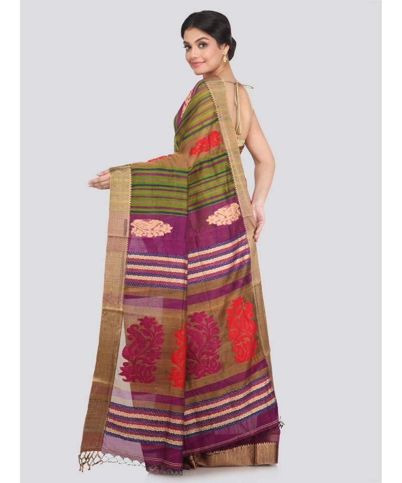 PinkLoom Women's multicolor hand woven cotton silk sarees With Blouse