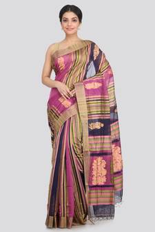 PinkLoom Women's multicolor hand woven cotton silk sarees With Blouse