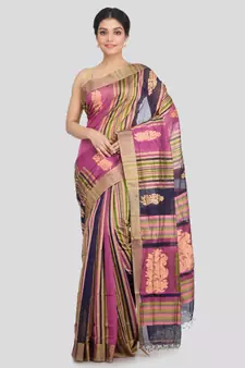 PinkLoom Women's multicolor hand woven cotton silk sarees With Blouse