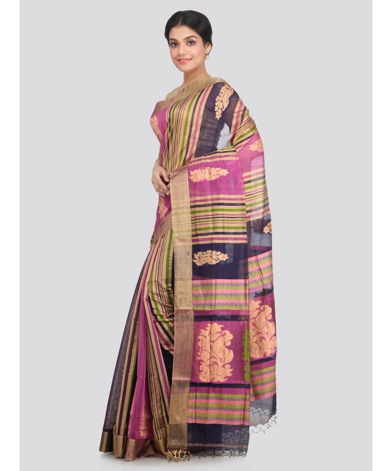 PinkLoom Women's multicolor hand woven cotton silk sarees With Blouse