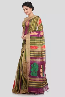 PinkLoom Women's multicolor hand woven cotton silk sarees With Blouse