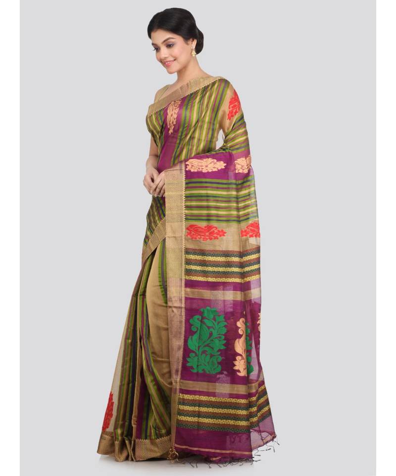PinkLoom Women's multicolor hand woven cotton silk sarees With Blouse