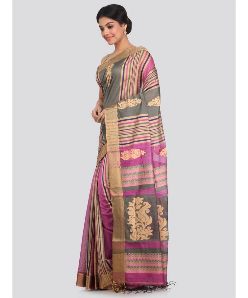 PinkLoom Women's multicolor hand woven cotton silk sarees With Blouse