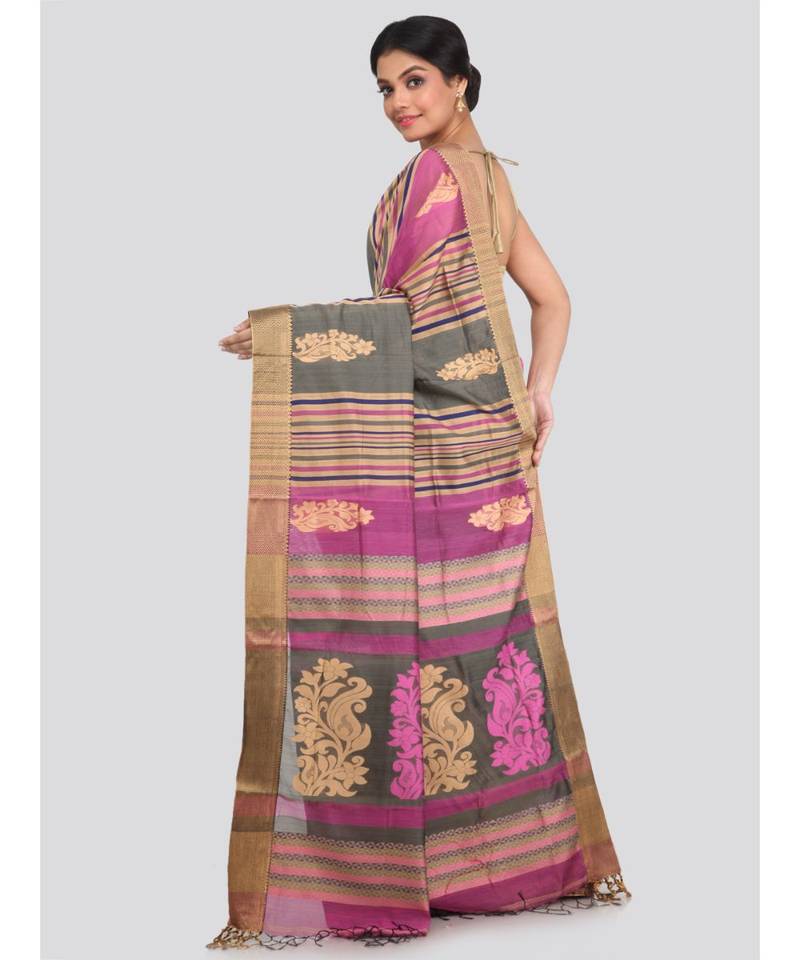 PinkLoom Women's multicolor hand woven cotton silk sarees With Blouse