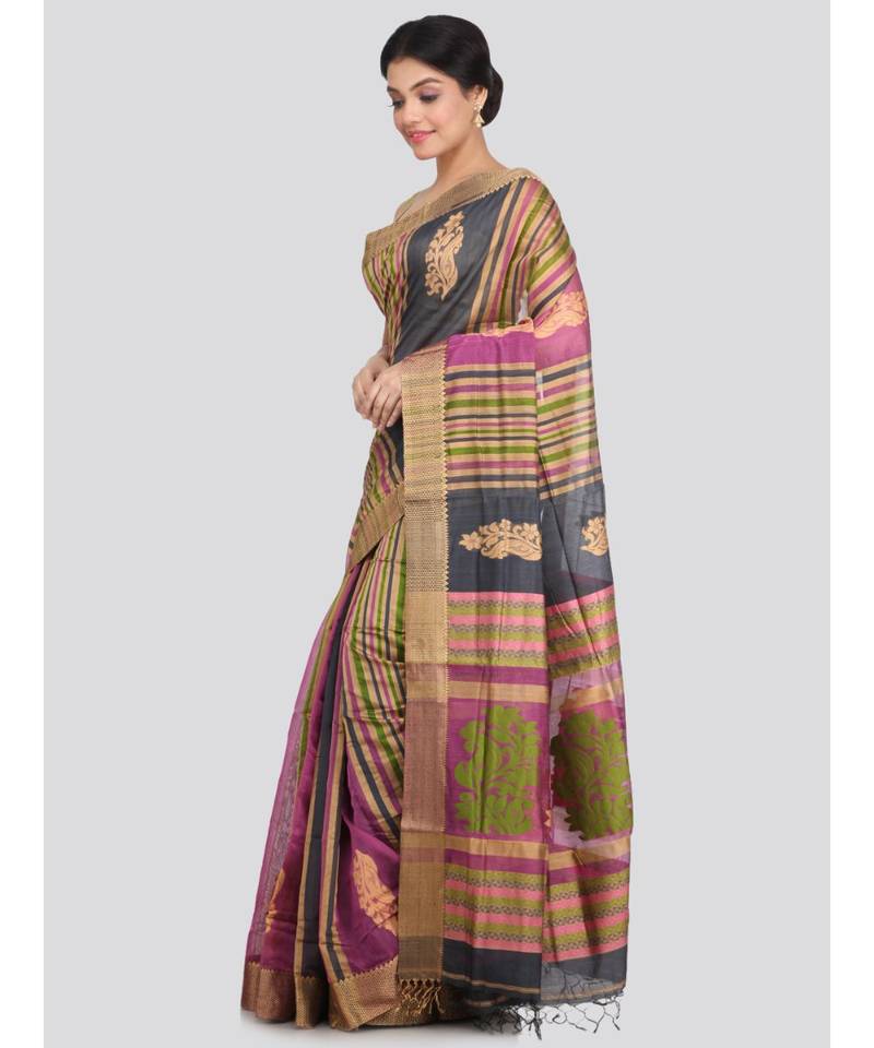 PinkLoom Women's multicolor hand woven cotton silk sarees With Blouse