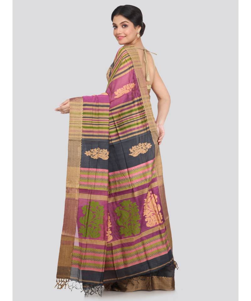 PinkLoom Women's multicolor hand woven cotton silk sarees With Blouse