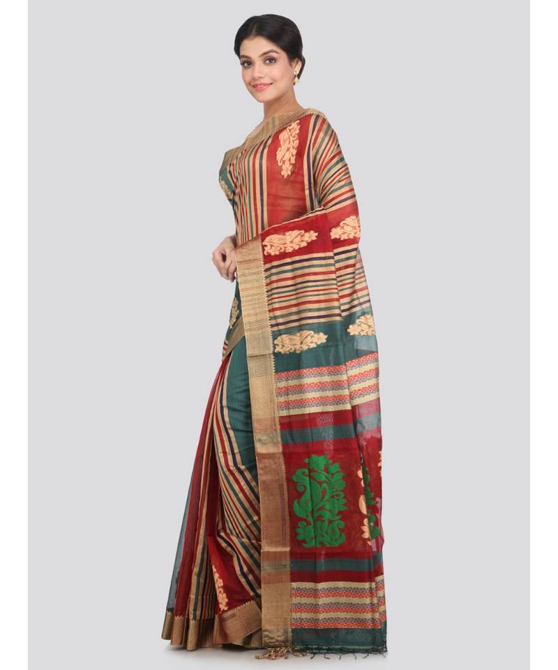 PinkLoom Women's multicolor hand woven cotton silk sarees With Blouse