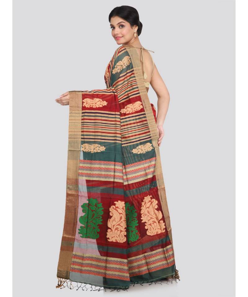 PinkLoom Women's multicolor hand woven cotton silk sarees With Blouse