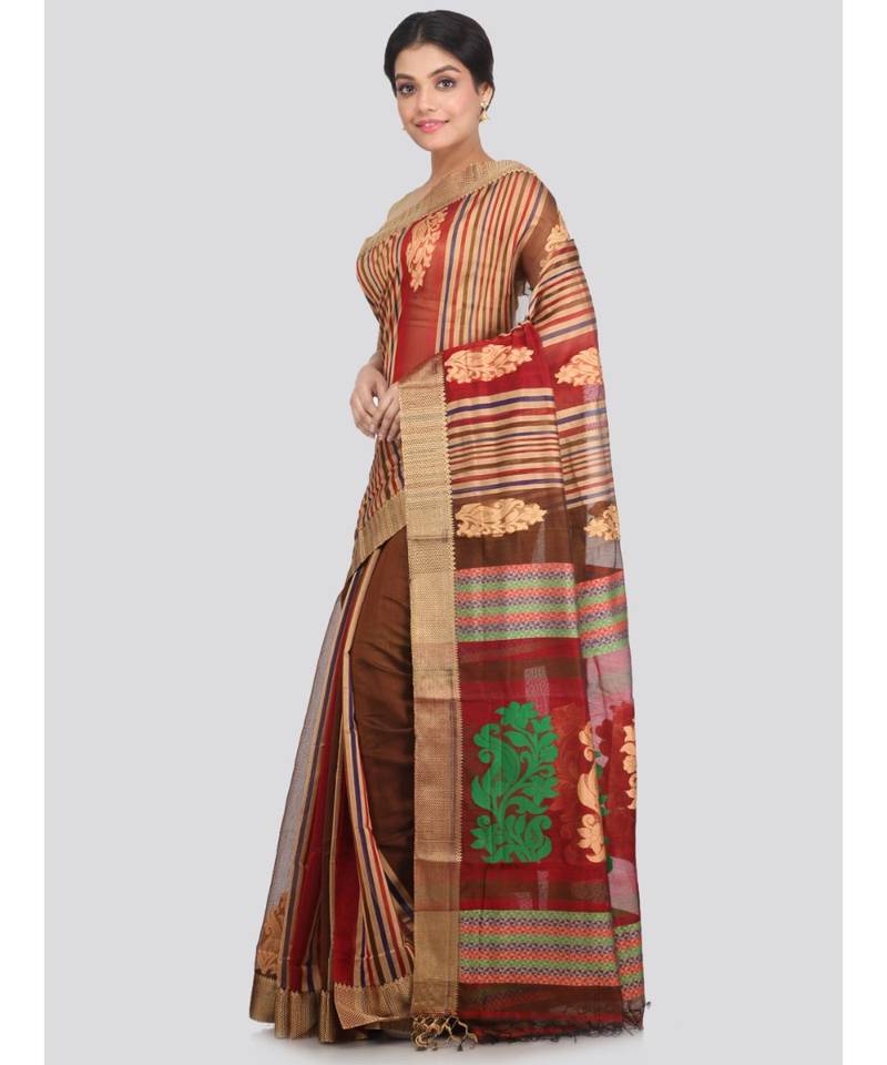 PinkLoom Women's multicolor hand woven cotton silk sarees With Blouse