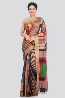 PinkLoom Women's multicolor hand woven cotton silk sarees With Blouse