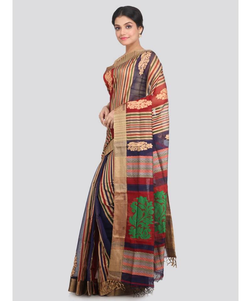 PinkLoom Women's multicolor hand woven cotton silk sarees With Blouse