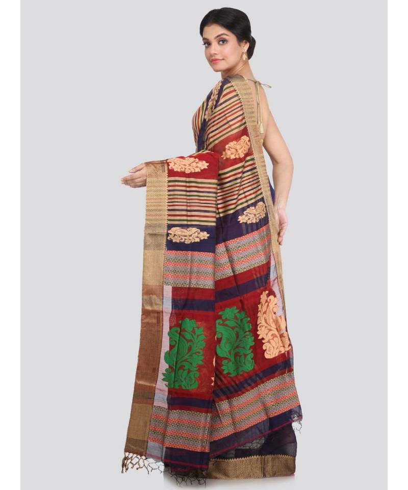 PinkLoom Women's multicolor hand woven cotton silk sarees With Blouse