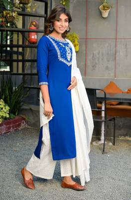 Blue embroidered rayon kurta-suits 3