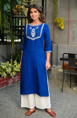Blue embroidered rayon kurta-suits 5