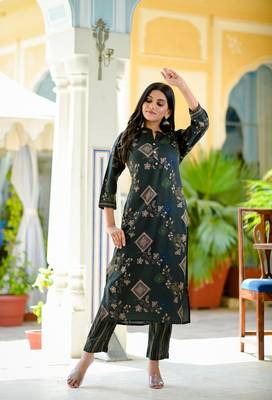 Green printed rayon kurti-trouser 1