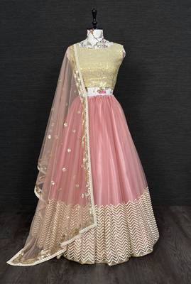 Pink Color Sequins Work Semi-Stitched Lehenga & Unstitched Blouse With Dupatta 1