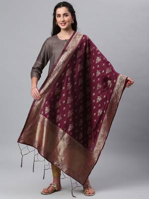 Wine Banarasi Silk Jacquard Woven Dupatta 1