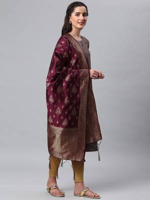 Wine Banarasi Silk Jacquard Woven Dupatta 4