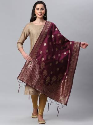 Wine Banarasi Silk Jacquard Woven Dupatta 1