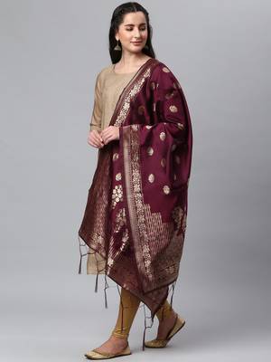 Wine Banarasi Silk Jacquard Woven Dupatta 3