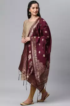 Wine Banarasi Silk Jacquard Woven Dupatta