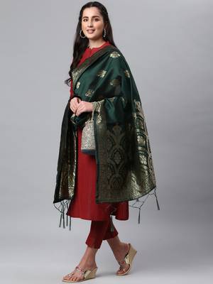 DarkGreen Banarasi Silk Jacquard Woven Dupatta 3