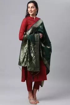 DarkGreen Banarasi Silk Jacquard Woven Dupatta