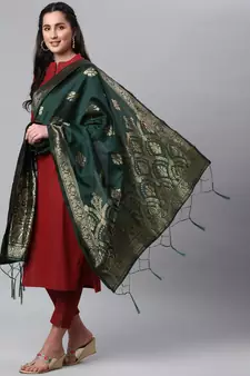 DarkGreen Banarasi Silk Jacquard Woven Dupatta