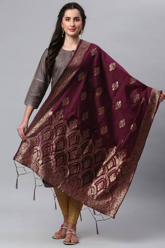 Wine Banarasi Silk Jacquard Woven Dupatta