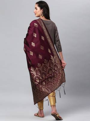 Wine Banarasi Silk Jacquard Woven Dupatta 2