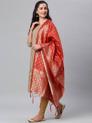 Red Banarasi Silk Jacquard Woven Dupatta 4