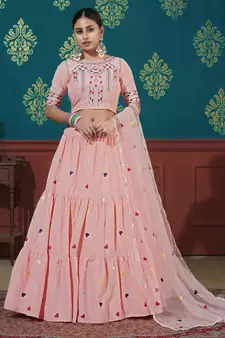Pink Thread With Sequins Embroidered cotton semi stitched lehenga