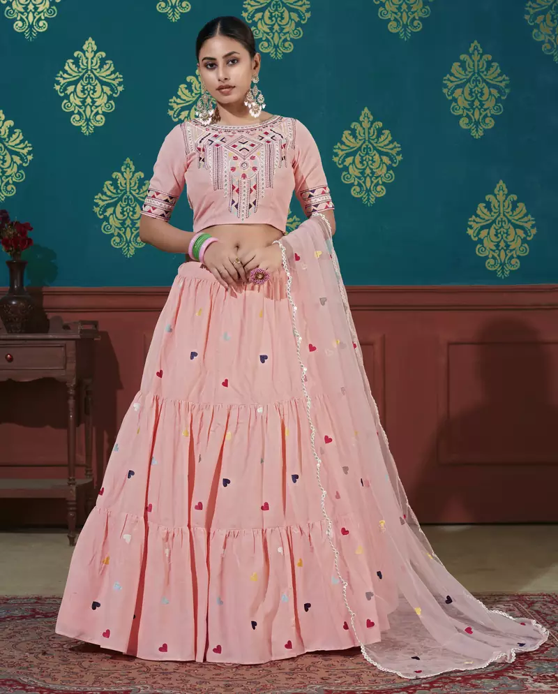 Pink Thread With Sequins Embroidered cotton semi stitched lehenga